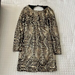 Gold Sequin Long Sleeve Shift Dress by